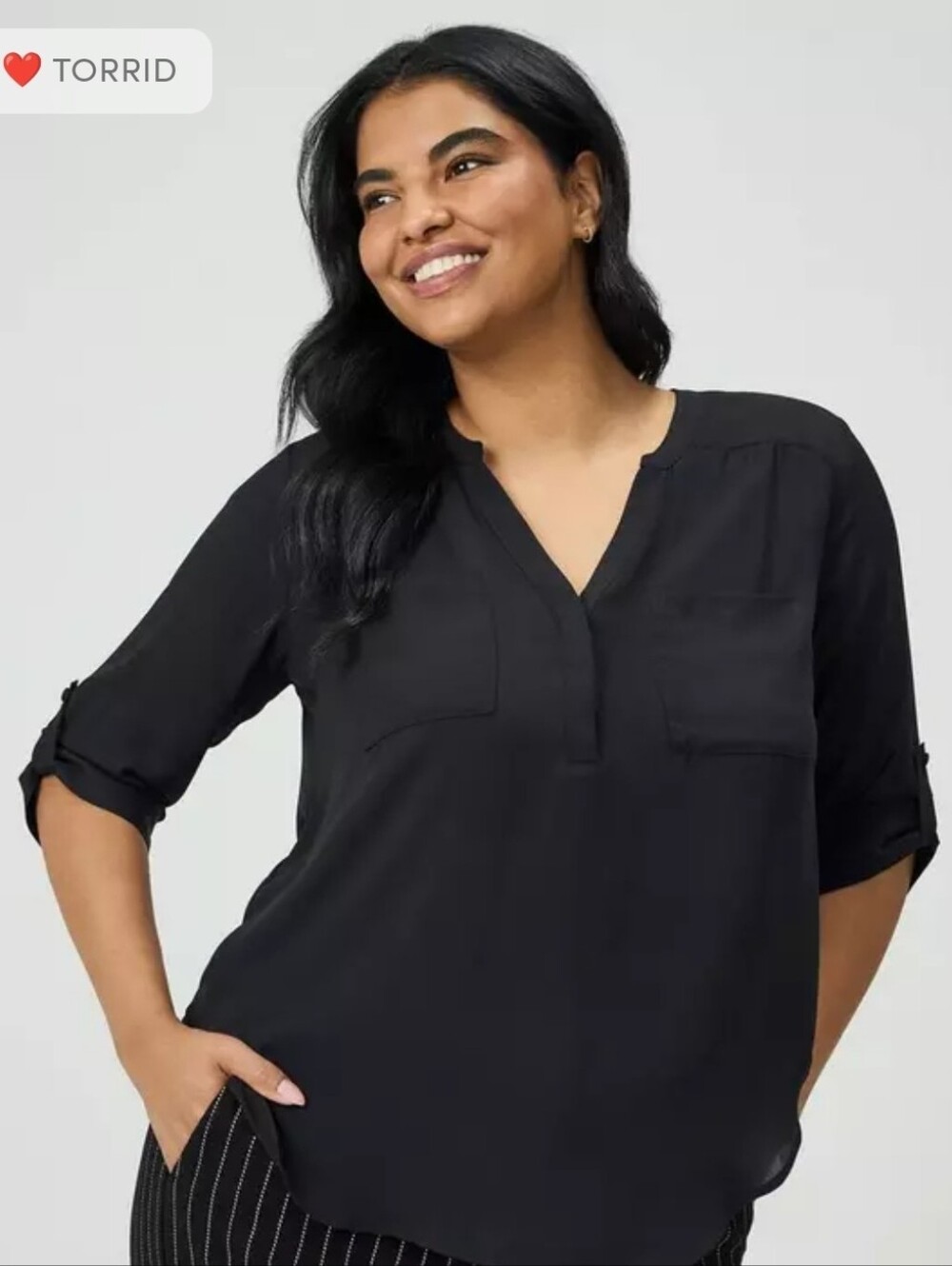 torrid Black Split V-Neck Roll-Tab Sleeve Blouse